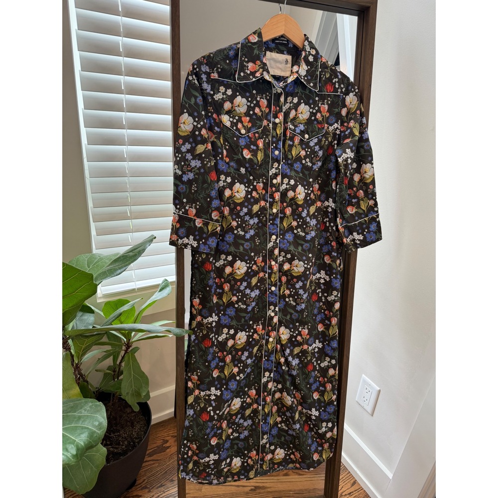 R13 Liberty London Floral Cowboy Dress 3/4 Sleeve Western Style Small Pearl Snap